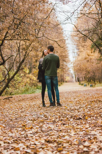 Mladý pár v lásce přátelé oblečení v ležérní styl chůze spolu na podzim parku — Stock fotografie