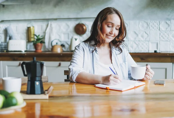 Adult Smiling Brunette Woman Casual Doing Notes Daily Book Cup — Stock Photo, Image