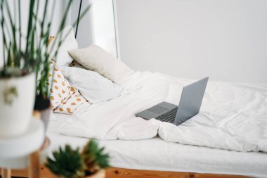 Parlak İskandinav iç mekanında yatağın üzerine dizüstü bilgisayar açtım, ev yapımı serbest konsept üzerinde çalıştım.