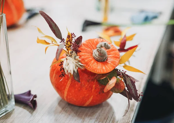 Diy Autumn Flower Arrangement Bouquet Pumpkin Floristry Studio — Stock Photo, Image