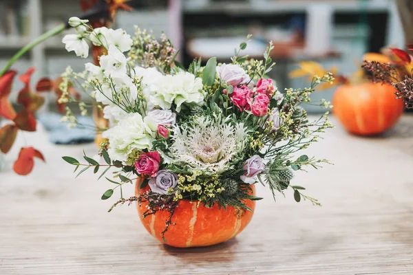 Diy Autumn Flower Arrangement Bouquet Pumpkin Floristry Studio — Stock Photo, Image