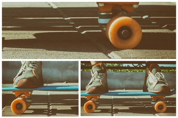 skateboard collage. close up parts of skateboard. legs in vintage sneakers stand on a skateboard. A skateboarder is resting on a bench in the park