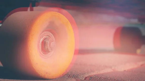 Closeup Skateboard Wheels Rough Brick Road Artistic Toning Chromatic Distortion — Stock Photo, Image
