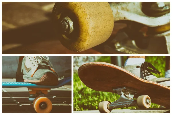 Skateboard Koláž Detailní Záběr Části Skateboard Nohy Retro Tenisky Stojí — Stock fotografie