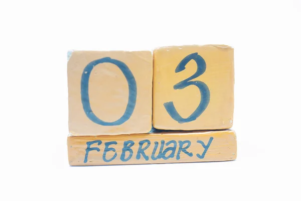 Februari Dag Van Maand Handgemaakte Houten Kalender Geïsoleerd Een Witte — Stockfoto