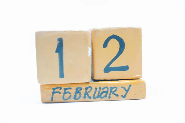 Februari Dag Van Maand Handgemaakte Houten Kalender Geïsoleerd Een Witte — Stockfoto