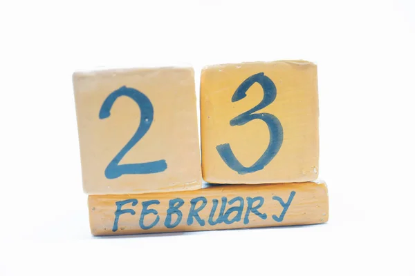 Febrero Día Del Mes Calendario Madera Artesanal Aislado Sobre Fondo —  Fotos de Stock
