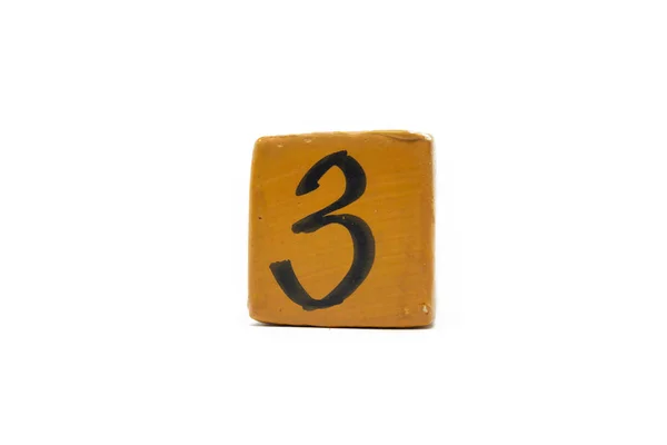 Número Três Cubo Material Madeira Isolado Branco — Fotografia de Stock