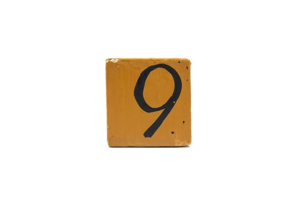 Número Nove Cubo Material Madeira Isolado Branco — Fotografia de Stock