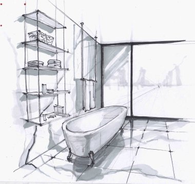 lüks bir modern banyo el yapımı kroki, eski tarzda büyük banyo, kozmetik ve havlu için raf. büyük tabandan tavana pencere