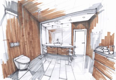 Lüks modern banyo el yapımı kroki, ayna ile lavabo, gri ve kahverengi renklerde kiremitli banyoda watercloset