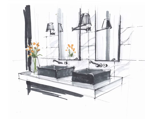 Lüks modern banyo el yapımı kroki, musluk ve ayna ile iki lavabo, duvara monte lambalar ve çiçekler