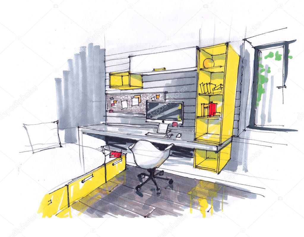 sketch of the interior of a cozy Studio, loft in yellow tones. large Windows, a chair in a modern style, a multifunctional Desk with a computer, a large double bed. hand-drawn architectural design