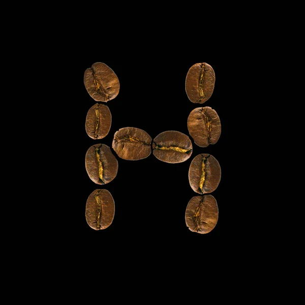 Conceito alfabeto fonte de café isolado no fundo branco. Top view Alfabeto feito de grãos de café torrados. Carta H — Fotografia de Stock