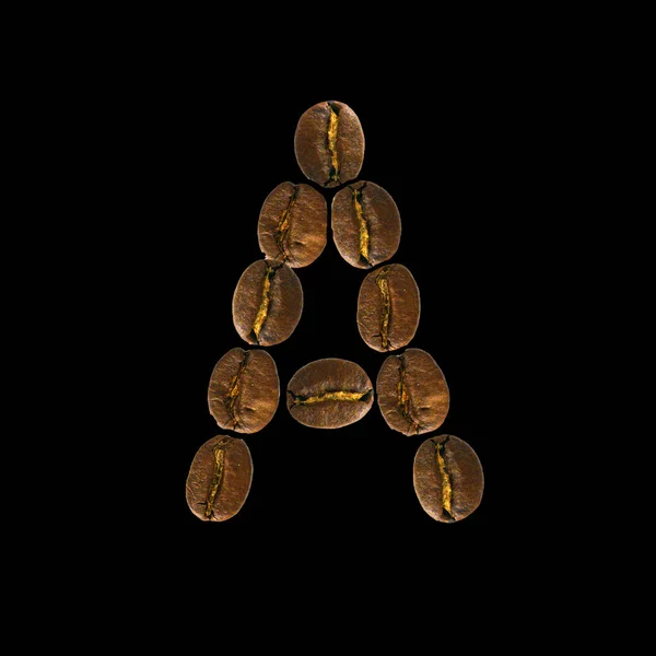 Conceito alfabeto fonte de café isolado no fundo branco. Top view Alfabeto feito de grãos de café torrados. Carta A — Fotografia de Stock
