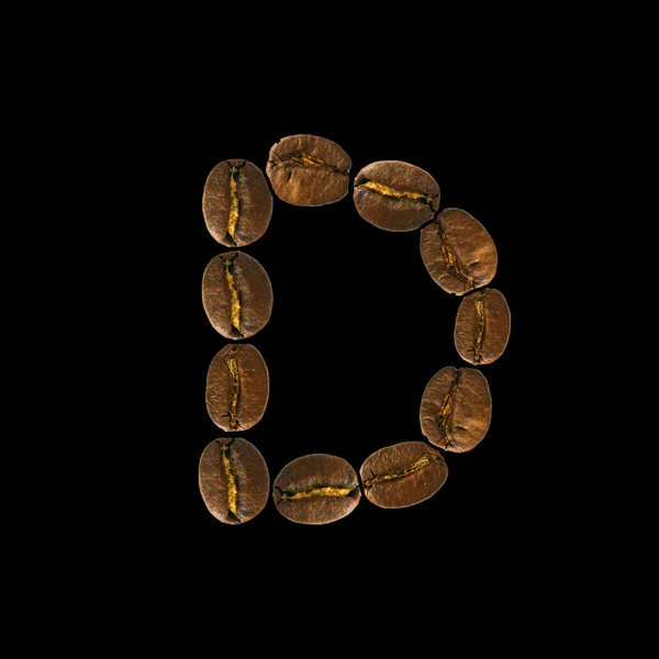 Conceito alfabeto fonte de café isolado no fundo branco. Top view Alfabeto feito de grãos de café torrados. Carta D — Fotografia de Stock