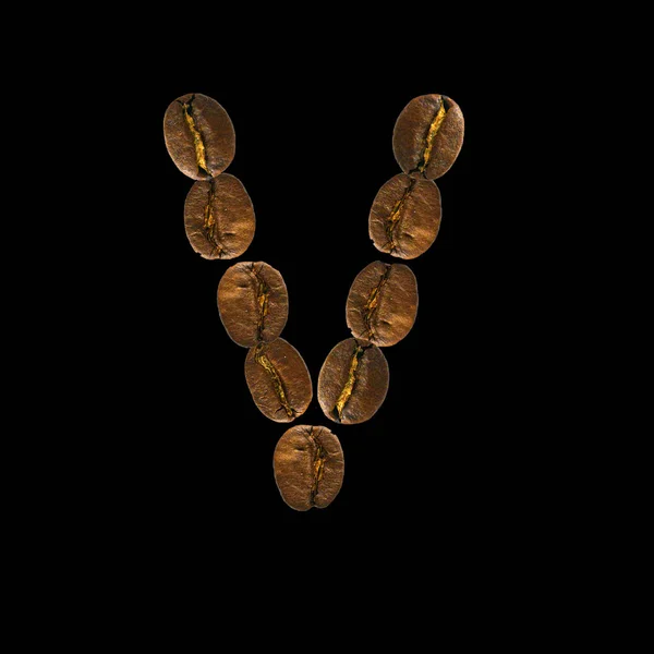 Conceito alfabeto fonte de café isolado no fundo branco. Top view Alfabeto feito de grãos de café torrados. Carta V — Fotografia de Stock