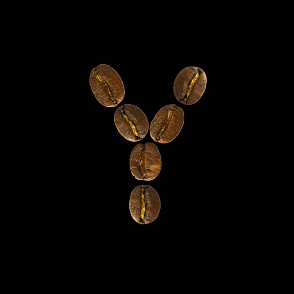 Conceito alfabeto fonte de café isolado no fundo branco. Top view Alfabeto feito de grãos de café torrados. Carta Y — Fotografia de Stock