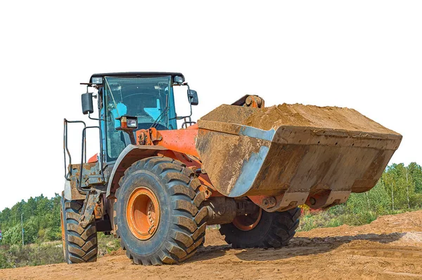 Nakladač nebo buldozer-rýč s ořezovou cestou izolovanou na bílém pozadí. práce na staveništi nebo v písečné jámě — Stock fotografie