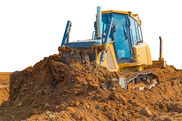 Excavadora de orugas excavadora con camino de recorte aislado sobre fondo blanco. trabajos en obra o pozo de arena —  Fotos de Stock