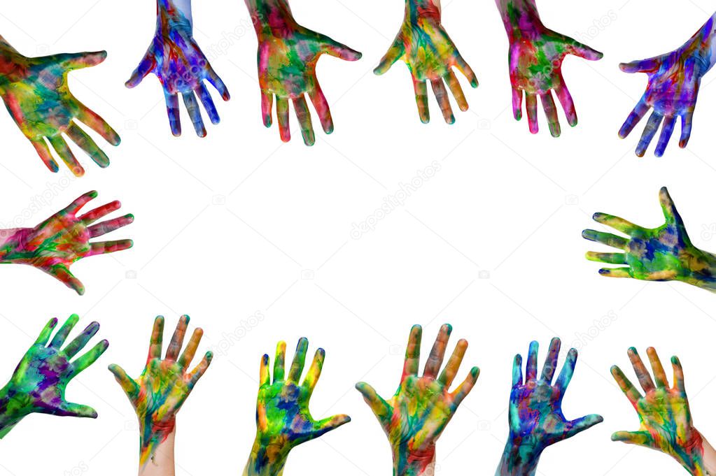 rised up hands painted with watercolors isolated on white background. ready for your logo, text or symbols. The concept of diversity, meeting and socializing.
