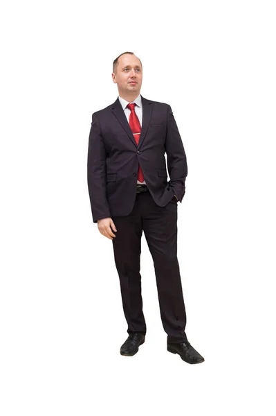 Full length portrait of a young businessman standing with his hands in the pockets. Isolated on white. Clipping path inside — 스톡 사진