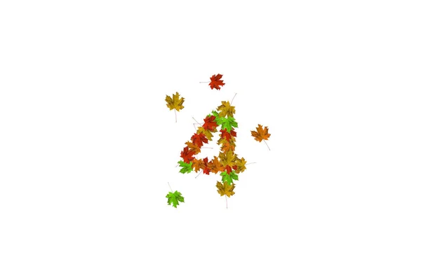 Número quatro feito com folhas de outono isoladas em branco. Conceito de queda. Dígitos orgânicos de 0 a 9 — Fotografia de Stock