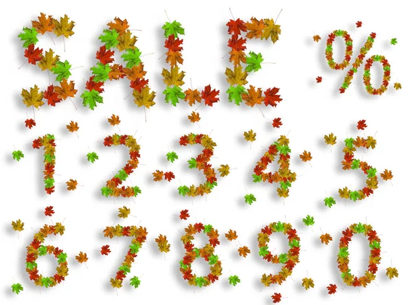 Слово Продажа с цифрами от 0 до 9 и процентный знак из ярких листьев клена на белом фоне для вывески или рекламы . — стоковое фото