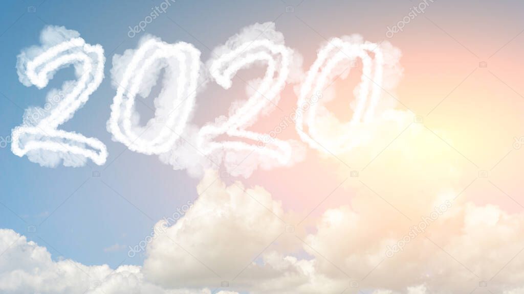 Sunny sky cloud year 2020. Happy New year concept. Numbers 2020 symbol inscription on background of blue sky from white smoke of clouds with bright sun