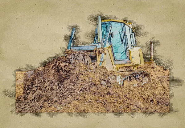 Digital sketch of Crawler bulldozer - excavator work on construction site or sand pit — Stock Photo, Image