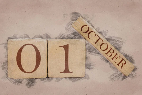1. října. 1. den v měsíci, kalendář v ručně vyrobeném náčrtu. pastelový tón. podzimní měsíc, den koncepce roku — Stock fotografie