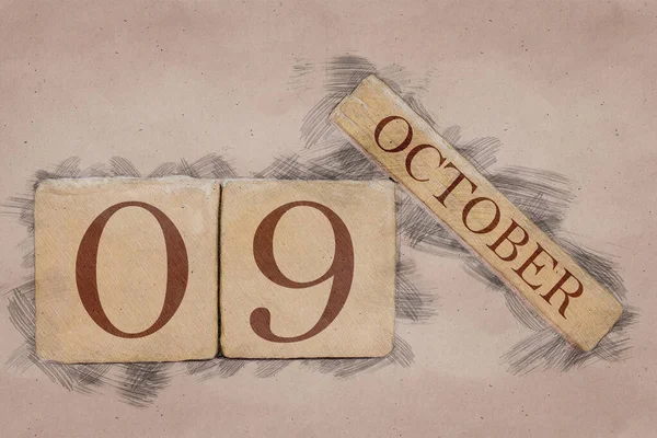 9 de octubre. Día 9 del mes, calendario en estilo boceto hecho a mano. tono pastel. otoño mes, día del año concepto — Foto de Stock