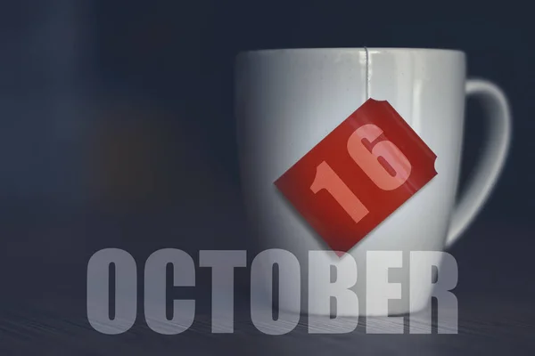 Října Den Měsíci Tea Cup Datem Etiketě Čajového Sáčku Podzimní — Stock fotografie