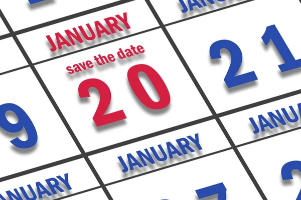 january 20th. Day 20 of month,  Date marked Save the Date  on a calendar. winter month, day of the year concept.