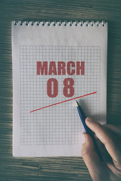 March 8Th Day Month Close Human Hand Pen Notepad Red — Stock Photo, Image