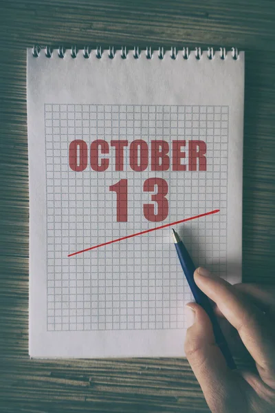 October 13Th Day Month Close Human Hand Pen Notepad Red — Stock Photo, Image