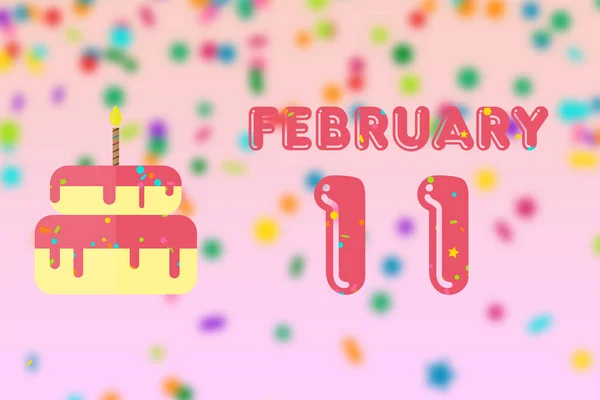 Február Hónap Napja Születésnapi Üdvözlőlap Születési Dátummal Szülinapi Tortával Téli — Stock Fotó