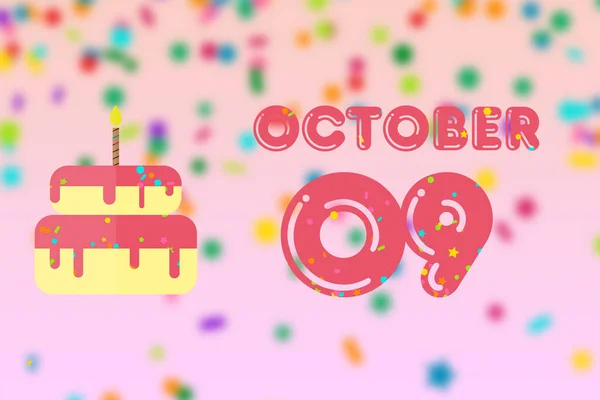 Dziewiąty Października Dzień Miesiąca Kartka Życzeniami Urodzinowymi Datą Urodzenia Tortem — Zdjęcie stockowe