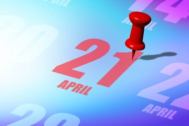 21 Nisan. Ayın 20 'sinde, kırmızı tarih size önemli bir olayı veya olasılığı hatırlatmak için bir takvime yazıldı ve iğnelendi. Bahar ayı, yılın günü konsepti..