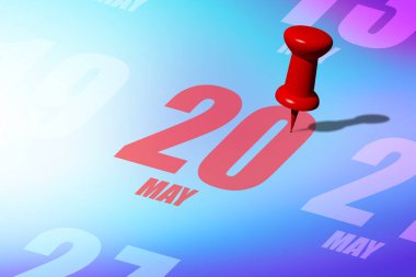 20 Mayıs. Ayın 20 'sinde, kırmızı tarih size önemli bir olayı veya olasılığı hatırlatmak için bir takvime yazıldı ve iğnelendi. Bahar ayı, yılın günü konsepti..