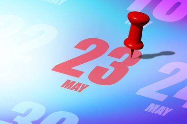 23 Mayıs. Ayın 23 'ünde, kırmızı tarih size önemli bir olayı veya olasılığı hatırlatmak için bir takvime yazıldı ve iğnelendi. Bahar ayı, yılın günü konsepti..