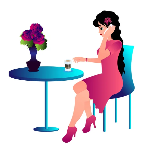 Jonge Vrouw Roze Jurk Aan Tafel Een Café Zitten Praten — Stockvector