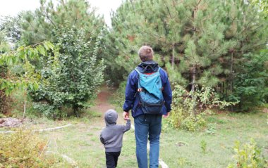 Baba ve oğul iğne yapraklı orman çam ağaçları arasında yürümek. Kavram aile değerleri, yürüyüş