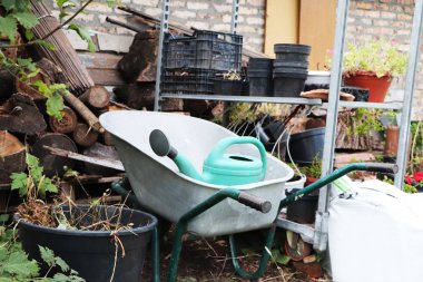 Bahçe Ekipman: sepeti, sulama olabilir, kasalar, gübre ve çiçekler