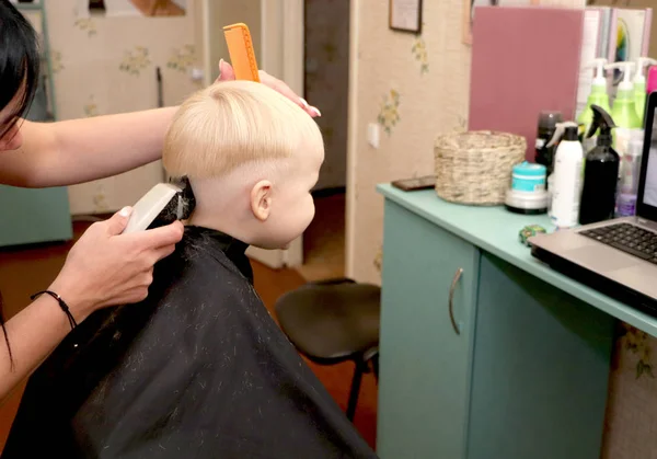 A little boy is cutting a hairdresser in the salon. The kid is watching a cartoon. Green screen on a laptop for signature