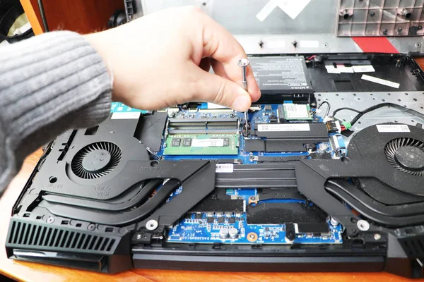 Computer repair: master repairs laptop