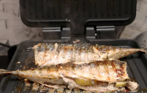 Uskumru bir elektrikli ızgara kavrulmuş. Limon ve salata ızgara balık