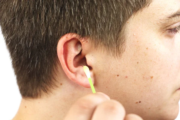 Man Cleans His Ears Cotton Swab Earwax Body Care Concept — Stock Photo, Image