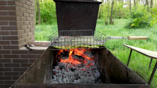 Barbecue Grill Gros Plan Parfois Homme Tourne Viande Sur Gril — Video