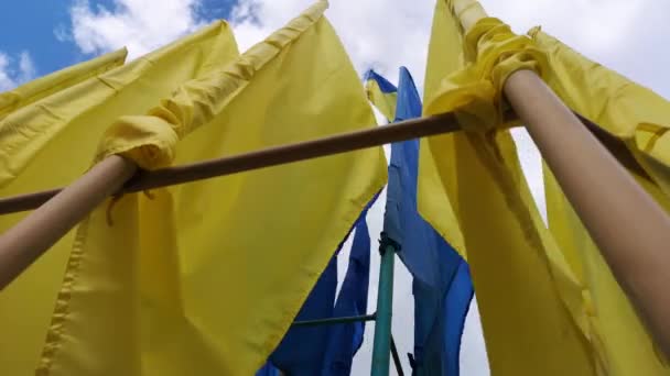 Ukrainian Flags Fluttering Wind Blue Sky Bright Saturated Yellow Blue — Stock Video